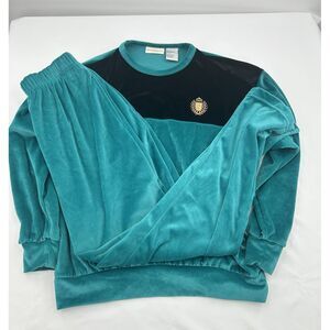 Vintage Jaclyn Smith Women's Teal and Black Velour Long Sleeve 2 Pc Set Sz Small